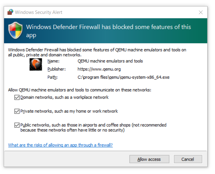 Caixa de diálogo do Windows Defender Firewall com todas as três opções marcadas.