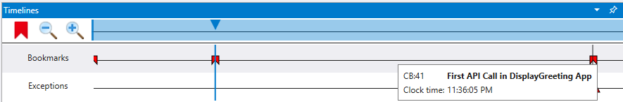 Captura de tela da linha do tempo do WinDbg com três marcadores e uma dica de ferramenta exibindo o nome do marcador.