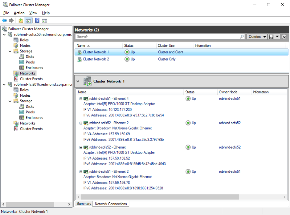 Captura de tela de dois clusters usando várias NICs na mesma sub-rede para aproveitar o SMB Multichannel