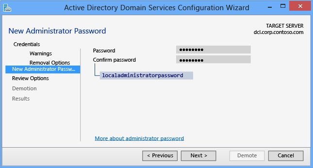 Assistente de Configuração do Active Directory Domain Services – Credenciais de Nova Senha do Administrador