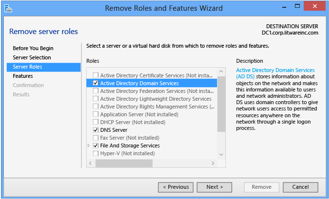 Assistente para Remover Funções e Recursos – Selecionar as funções a serem removidas