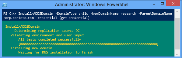 Captura de tela de uma janela do terminal que mostra o progresso da instalação com os argumentos mínimos obrigatórios de -domaintype, -newdomainname, -parentdomainname e -credential.