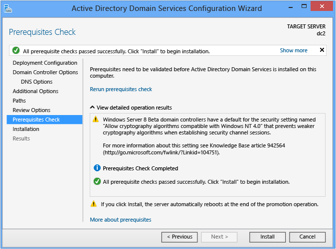 Captura de tela que mostra a página Verificação de Pré-requisitos no Assistente de Configuração do Active Directory Domain Services.