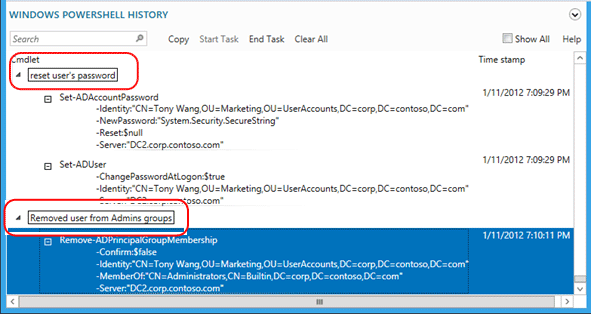 Captura de tela que realça como ver os comandos do Windows PowerShell usados para alterar a senha de um usuário e remover o usuário de um grupo.