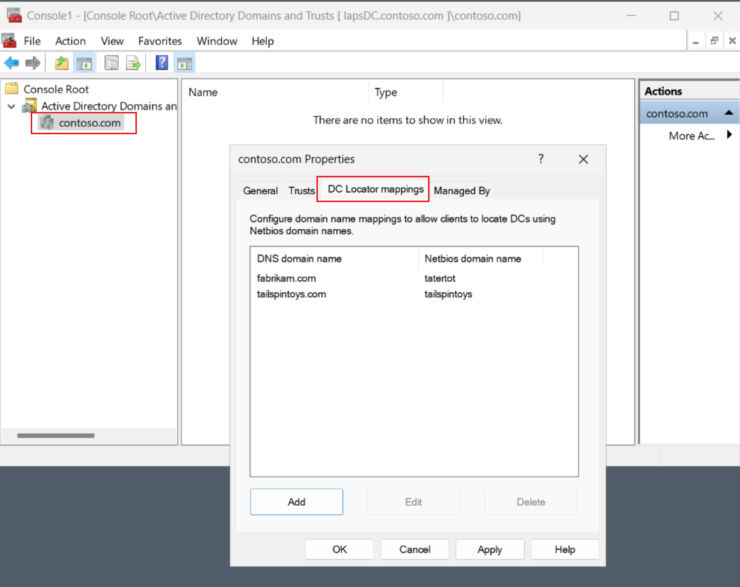 Captura de tela da página para mapeamentos de nome de domínio do DC Locator no snap-in Domínios e Relações de Confiança do Active Directory.