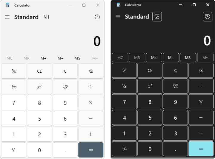 Calculadora mostrada em Tema claro e Tema de contraste aquático.