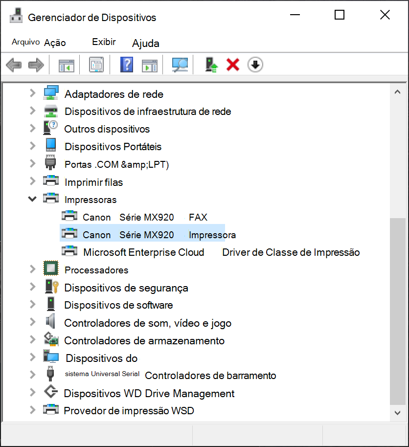 Selecionando a impressora no Gerenciador de Dispositivos.