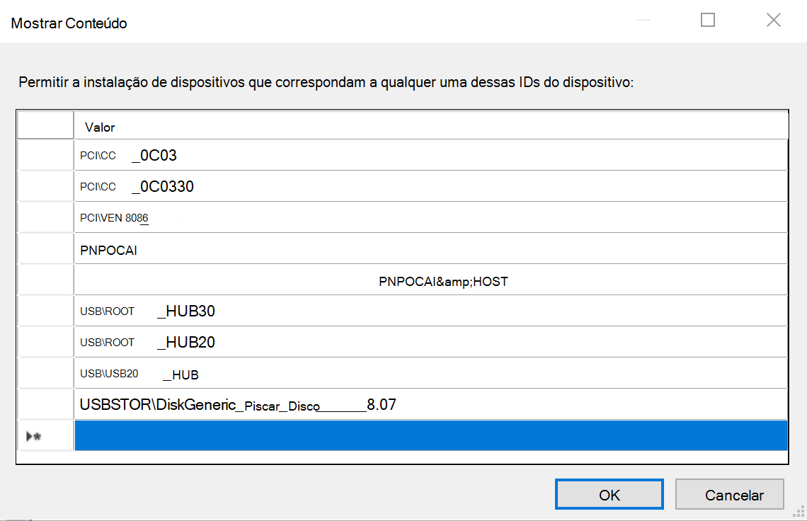 Imagem de uma lista de exemplos de dispositivos que foram configurados para a política 