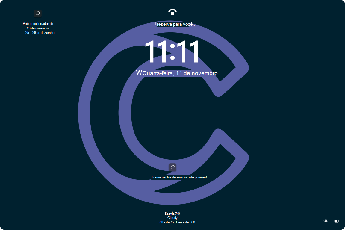 Captura de ecrã do ecrã de bloqueio Windows 11 com o Destaque do Windows ativado sobre um padrão de fundo da organização.