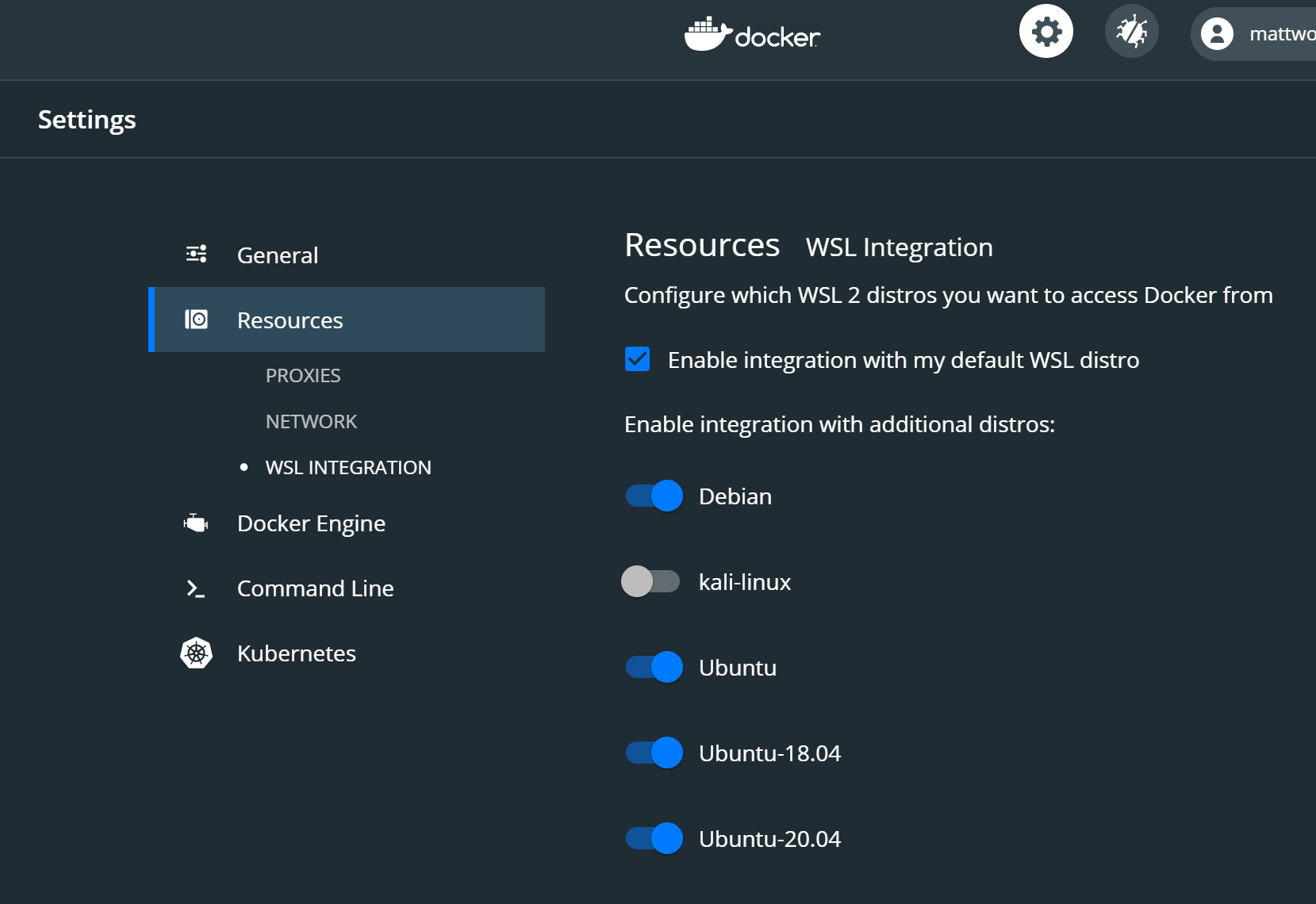 Captura de tela do menu do WSL2 do Docker Desktop