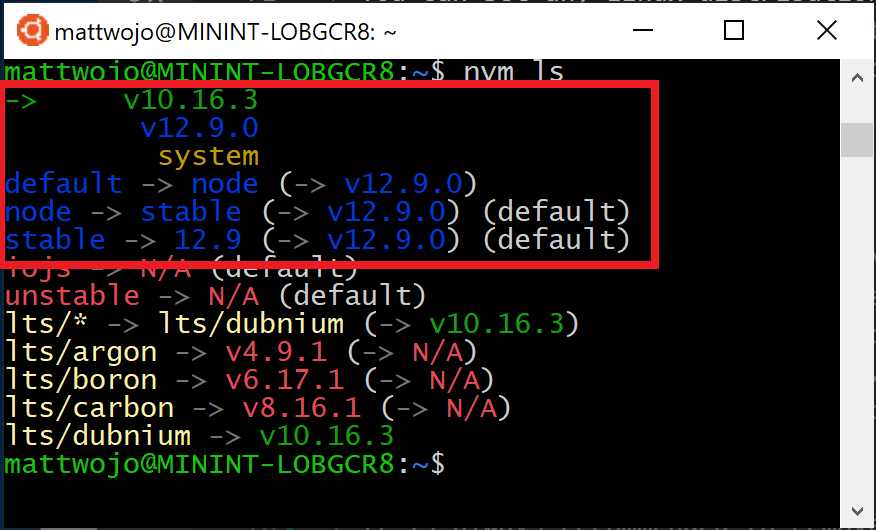 lista NVM mostrando as versões LTS e atual do Node