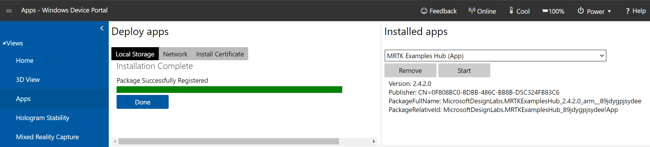 Captura de ecrã da página do gestor de Apss aberta no Portal de Dispositivos do Windows com a instalação concluída com êxito