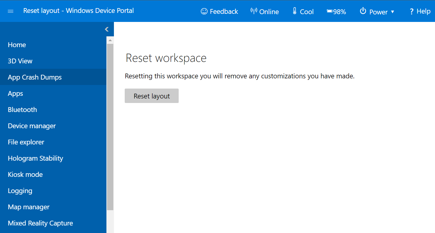 Selecionando Redefinir layout na página Redefinir espaço de trabalho