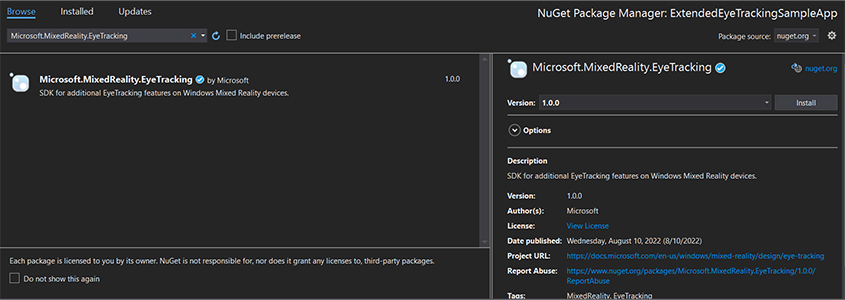 Captura de ecrã do pacote Nuget do SDK de Controlo ocular.