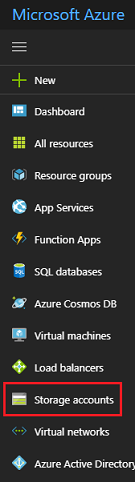 Captura de ecrã do menu Portal do Azure. As contas de armazenamento são realçadas.