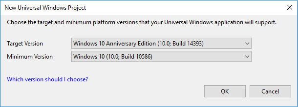 Captura de tela da caixa de diálogo Novo Projeto Universal do Windows.