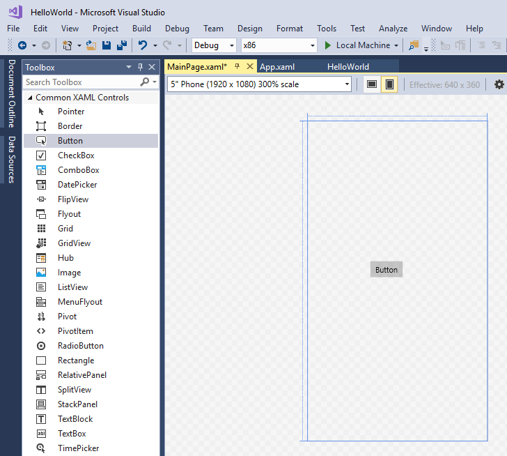 Captura de tela do painel Caixa de ferramentas e o modo de exibição de Design da página principal do XAML mostrando a opção de botão realçada no painel Caixa de ferramentas e um botão no modo de exibição de Design.