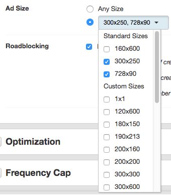 Screenshot that shows how to set up the ad size to be added to the targeting profile for the line item.