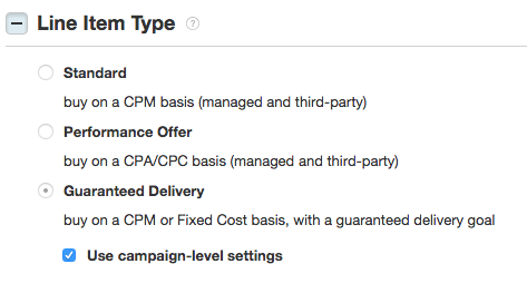 Screenshot that shows how to set up a Guaranteed Delivery Line Item to use campaign-level settings.