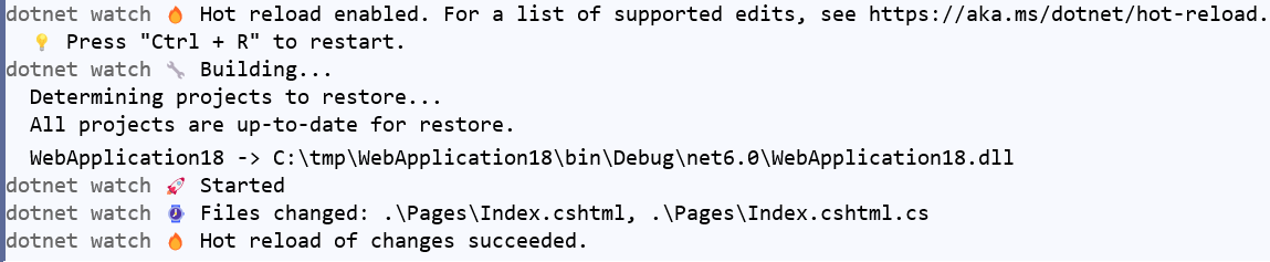 выходные данные для dotnet watch