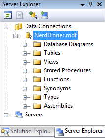 Снимок экрана: дерево навигации Обозреватель сервера. Подключения к данным развернуты и выделена точка Nerd Dinner m d f.
