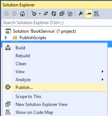 Снимок экрана: окно Обозреватель решений с проектом, щелкнув его правой кнопкой мыши, и элементом Publish в списке, выделенным желтым цветом.