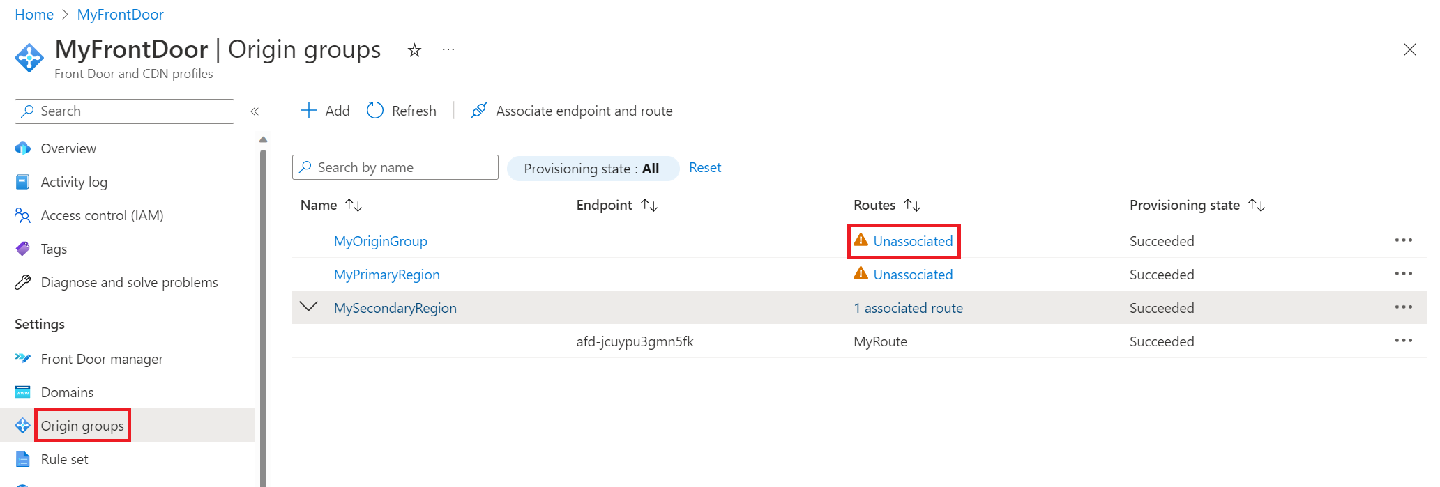 Снимок экрана: связывание маршрутов с Azure Front Door.