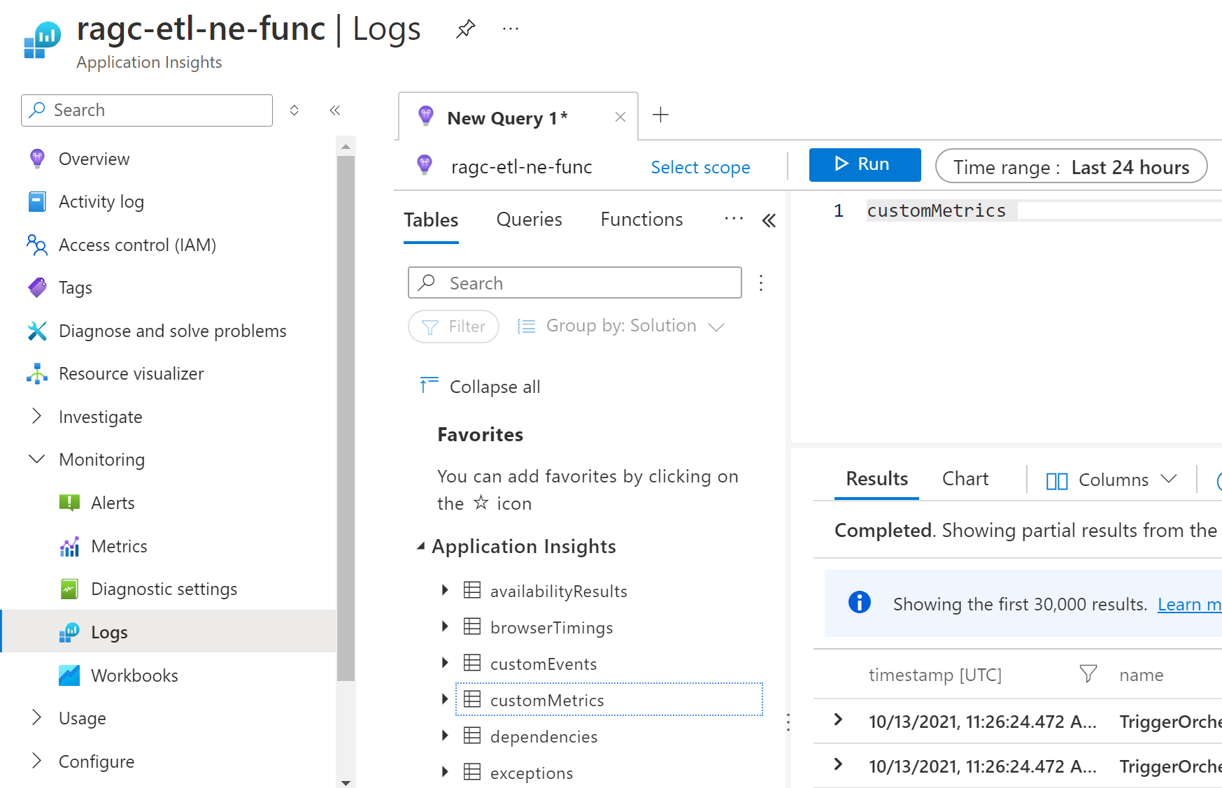 Снимок экрана: телеметрия Host.Aggregator в таблице CustomMetrics Application Insights.