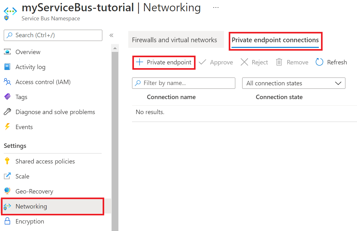 Снимок экрана: переход к частным конечным точкам служебной шины Microsoft Azure.