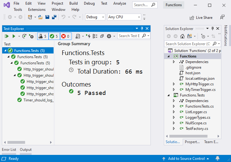 Тестирование Функций Azure с помощью C# в Visual Studio