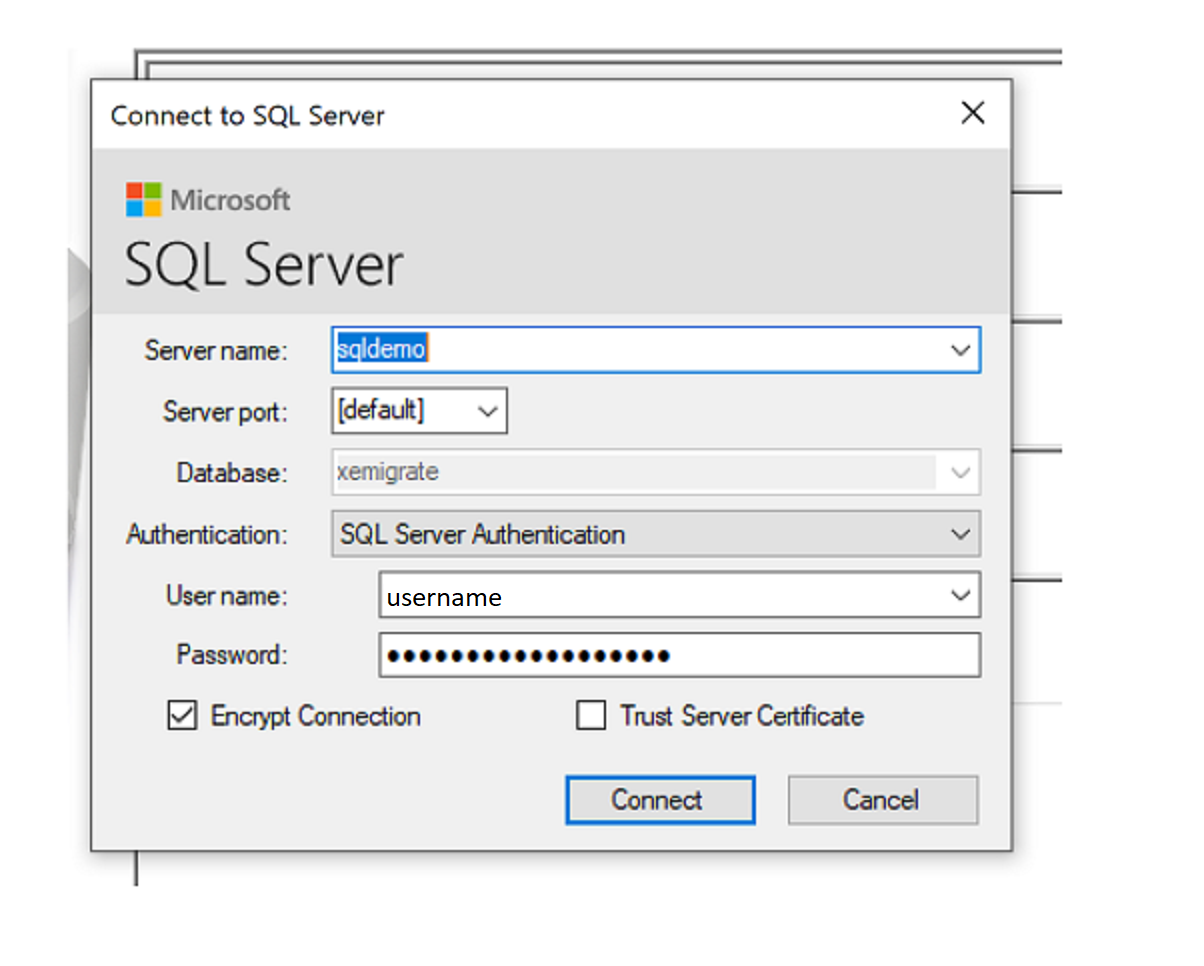 Снимок экрана: этап подключения к целевому объекту SQL.