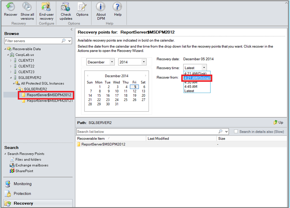 Screenshot shows how to select a Recovery point.