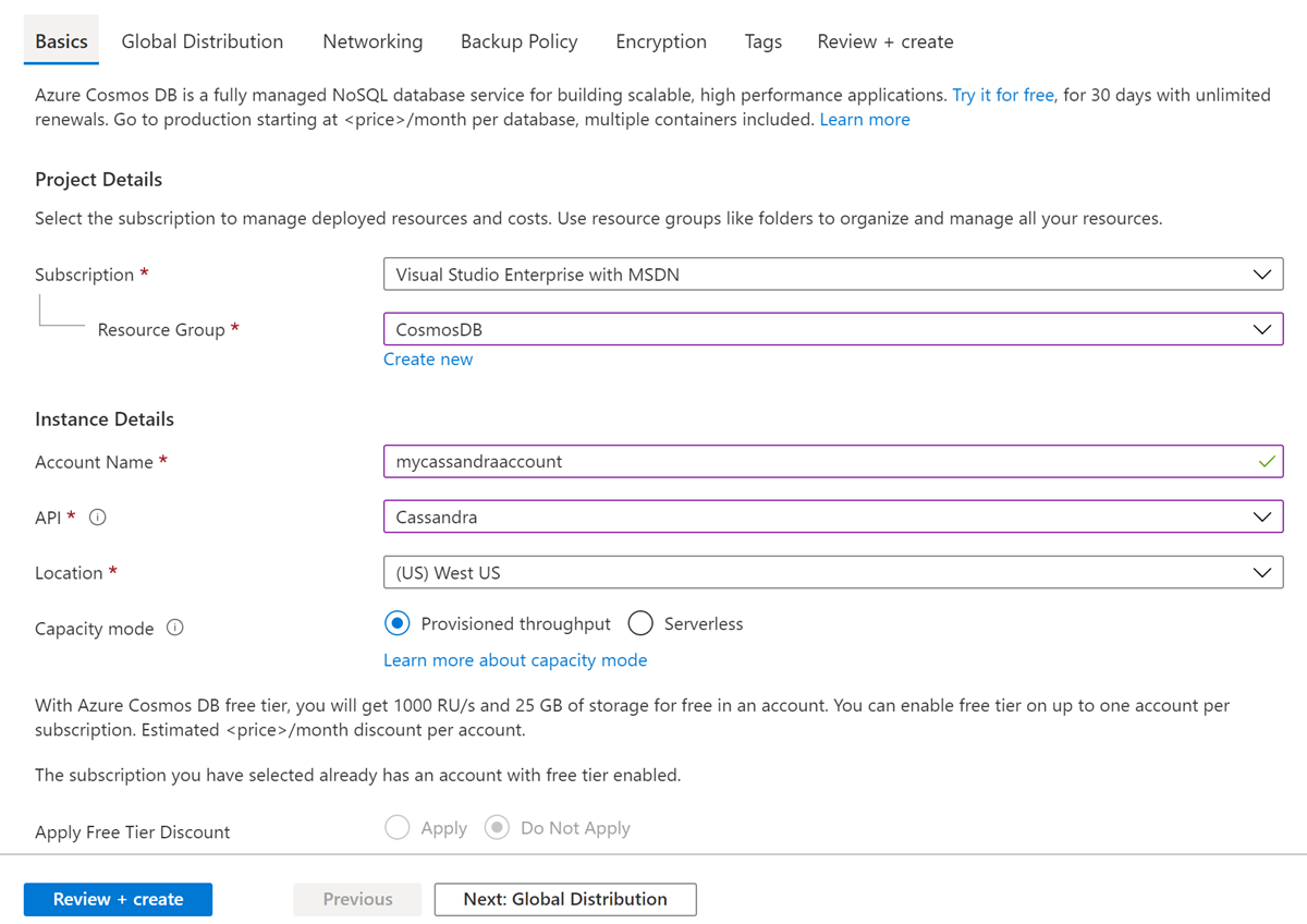 Страница новой учетной записи Для Azure Cosmos DB для Apache Cassandra