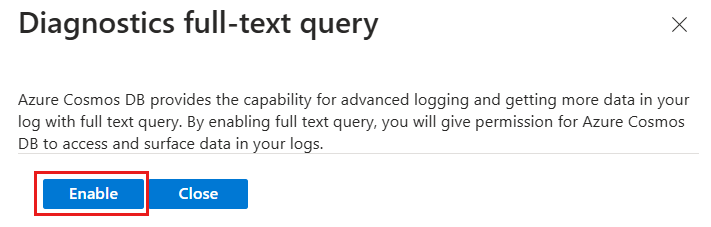 Снимок экрана: функция полнотекстового запроса диагностика включена для учетной записи Azure Cosmos DB.