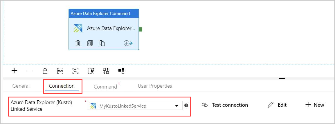 Вкладка соединения действия команды Azure Data Explorer.