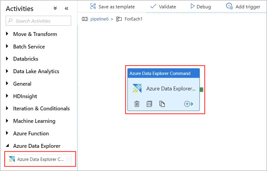 Действие команды Azure Data Explorer.