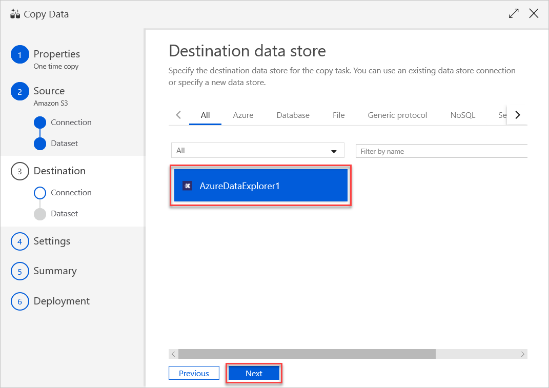 Панель «Целевое хранилище данных» Azure Data Explorer