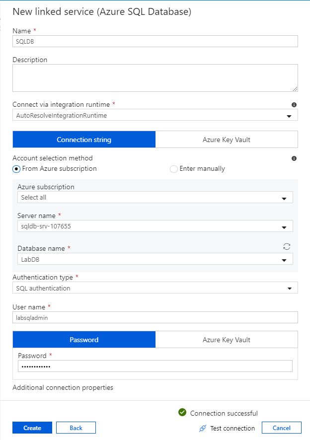 Снимок экрана: портал Azure настройки новой связанной службы База данных SQL Azure с успешно протестированным подключением.