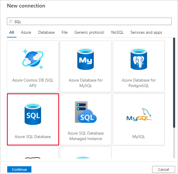 Выбор Базы данных SQL Azure