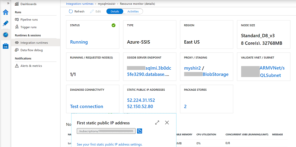 Мониторинг среды выполнения интеграции Azure-SSIS. Плитка STATIC (Статический)