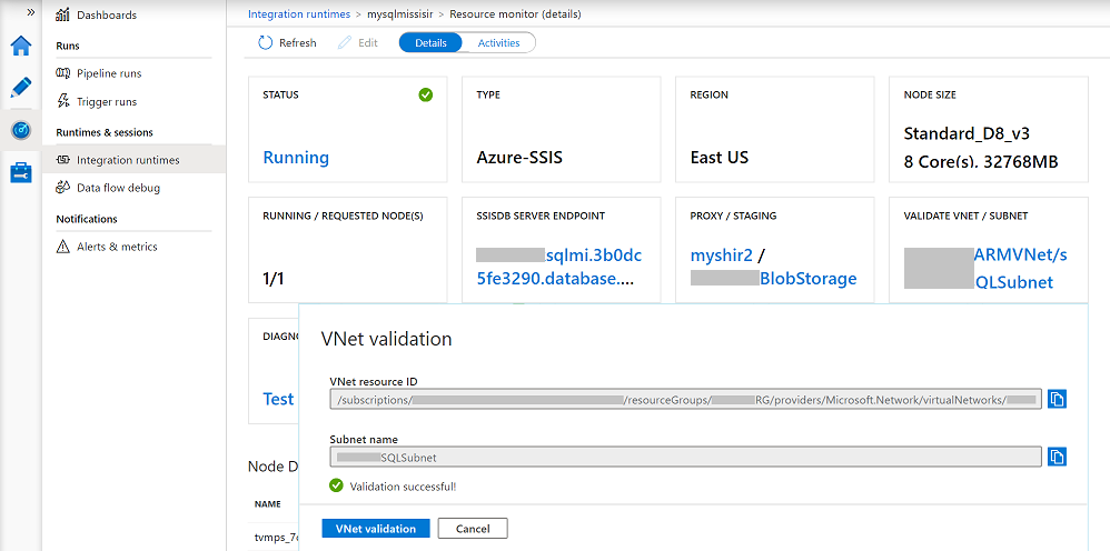 Мониторинг среды выполнения интеграции Azure-SSIS. Плитка VALIDATE (Проверка)