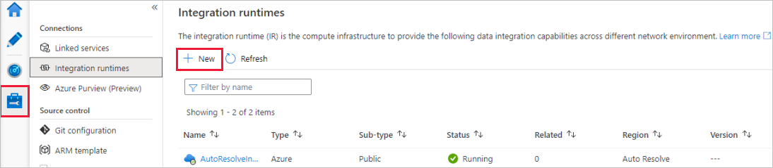 Снимок экрана, на котором показано создание Azure IR.