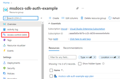 Снимок экрана страницы группы ресурсов с расположением элемента меню управления доступом (IAM).