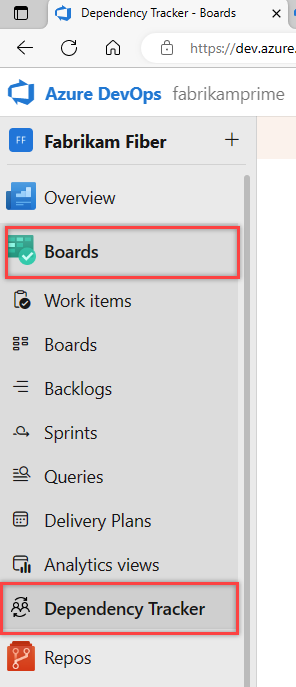 Снимок экрана Центра отслеживания зависимостей в Azure Boards.