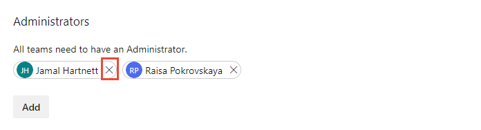 Снимок экрана: X, выбранный для удаления администратора команды.