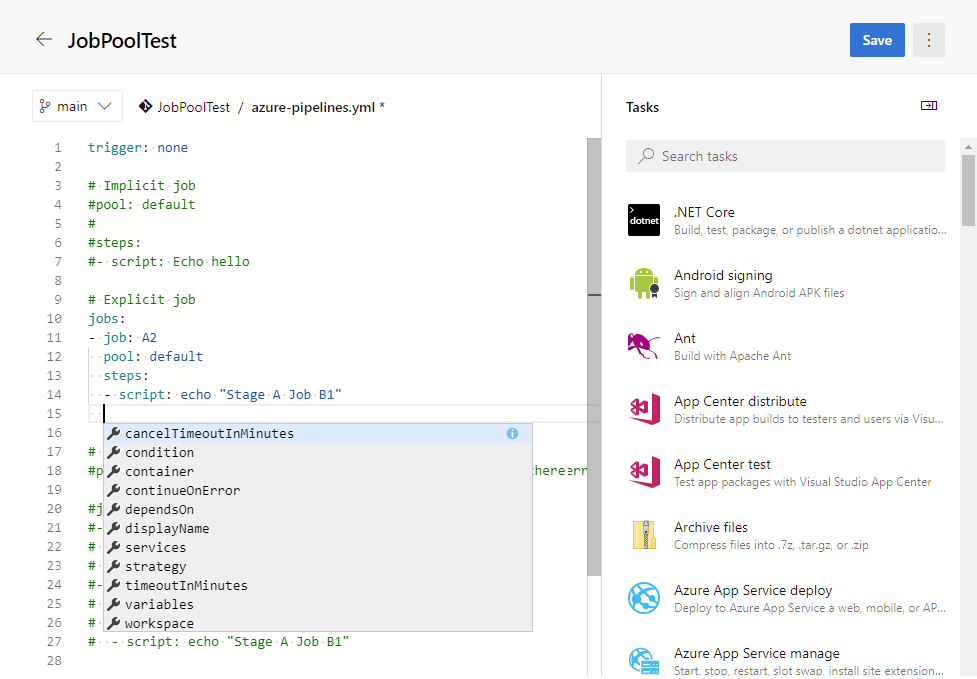 Редактор конвейера YAML в Azure DevOps Server 2019.1.