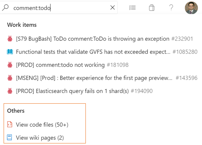 Перейдите к коду и вики-результатам поиска из Azure Boards.
