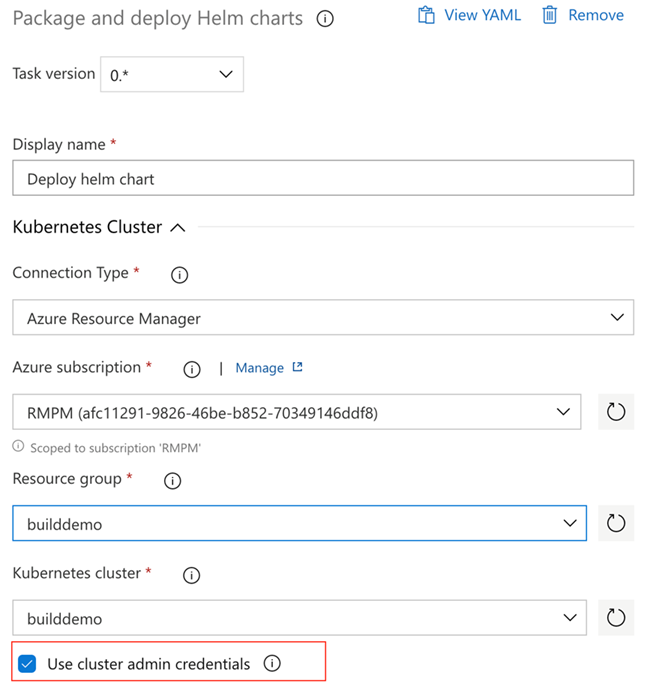 Package and deploy Helm charts showing the use cluster admin credentials checkbox.