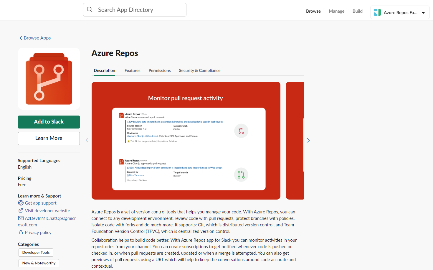снимок экрана каталога приложений Slack, Azure Repos и кнопки, Добавить в Slack.