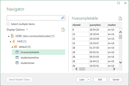 Навигатор HDInsight Excel Hive ODBC.